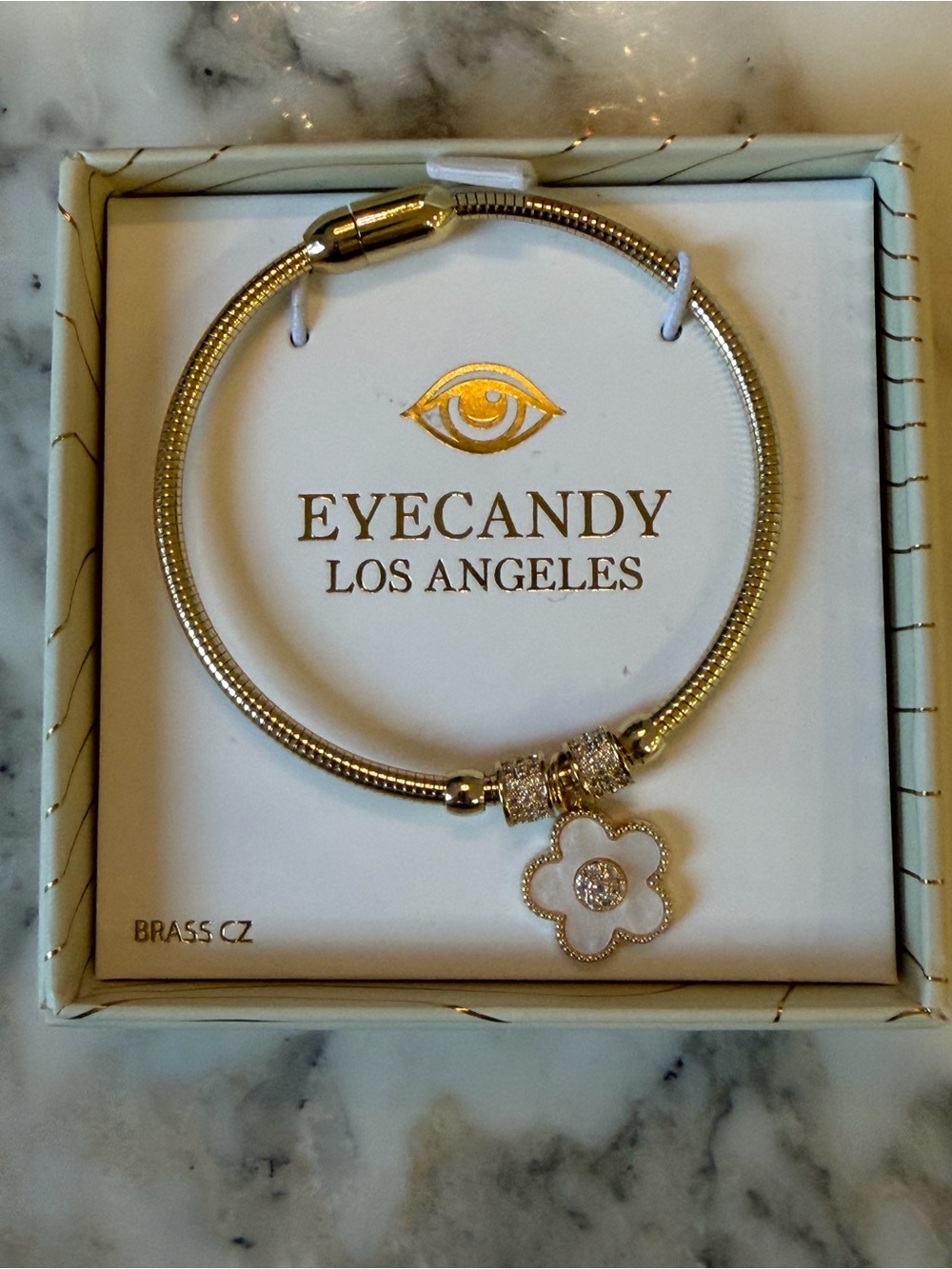 NWT EyeCandy Los Angeles ArmCandy Luxe Gold Flower CZ Charm Bracelet Box Clover